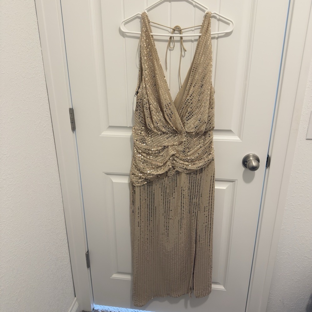 Zara Women's Gold Sequin Special Occasion Maxi Dress Front Leg Slit Size Medium